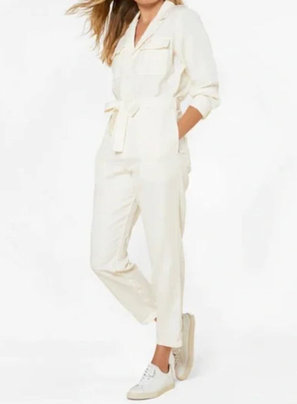 Outerknown Linen Organic Cotton Ivory Jumpsuit Tie Waist Button Front S